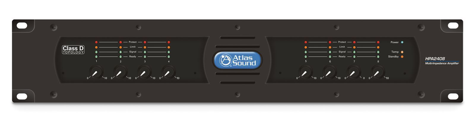 AtlasIED 8 Channel, 2400W commercial amplifier in black showing buttons